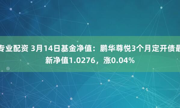 专业配资 3月14日基金净值：鹏华尊悦3个月定开债最新净值1.0276，涨0.04%